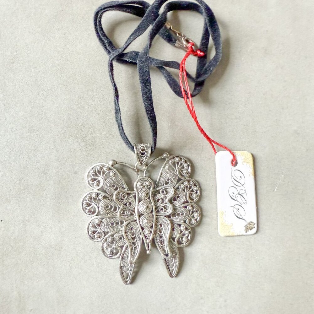 DGS Sterling Silver Filigree Butterfly Pendant 1.75 12gr Lace Black Velvet Cord